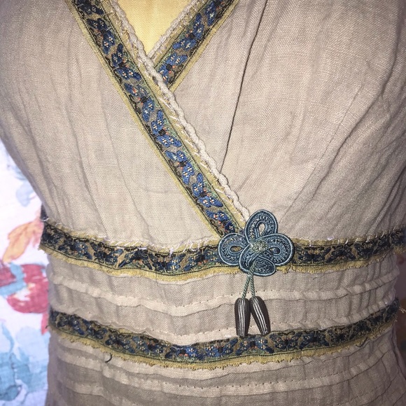 Fabulous embellished linen dress/antique Chinese embroidery trim, One of a kind - Picture 3 of 13